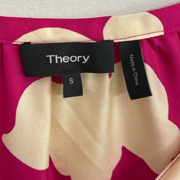 Theory Dark Pink Magenta Open V-Neck Top in Petal Print Silk Size Small - Picture 7 of 9